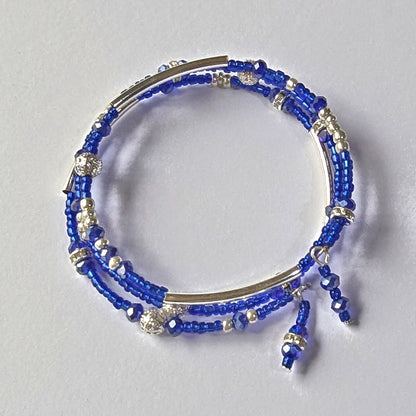 Blue Bead Bracelet with Silver accents, triple coil layers, memory wire