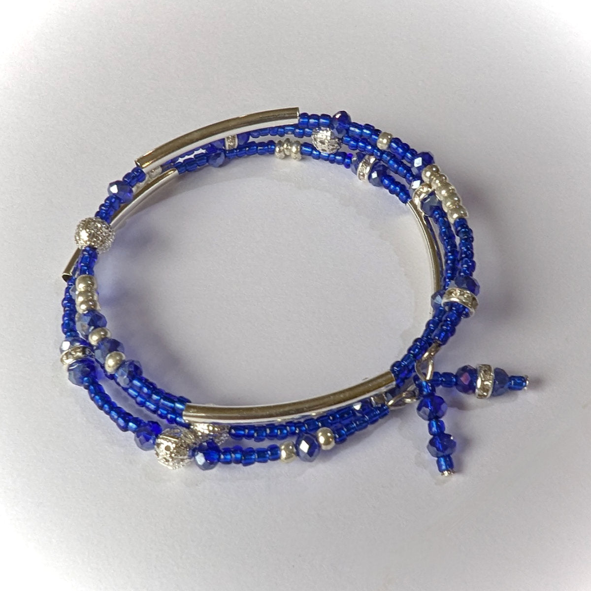 Blue Bead Bracelet with Silver accents, triple coil layers, memory wire