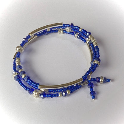 Blue Bead Bracelet with Silver accents, triple coil layers, memory wire