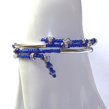 Blue Bead Bracelet with Silver accents, triple coil layers, memory wire