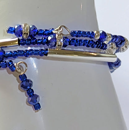 Blue Bead Bracelet with Silver accents, triple coil layers, memory wire
