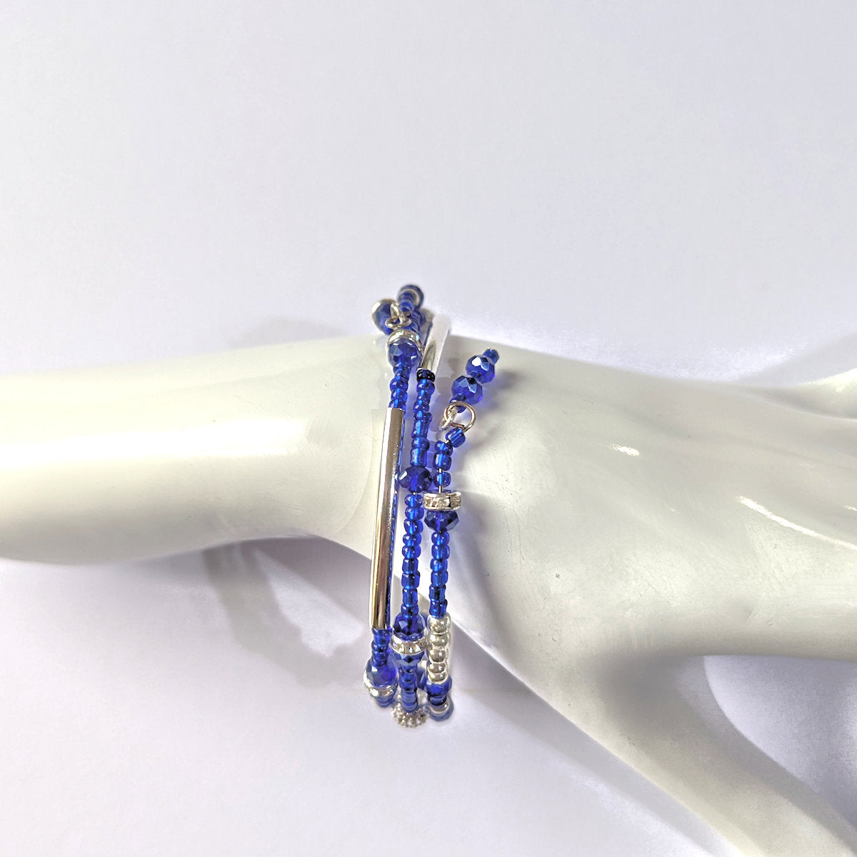 Blue Bead Bracelet with Silver accents, triple coil layers, memory wire
