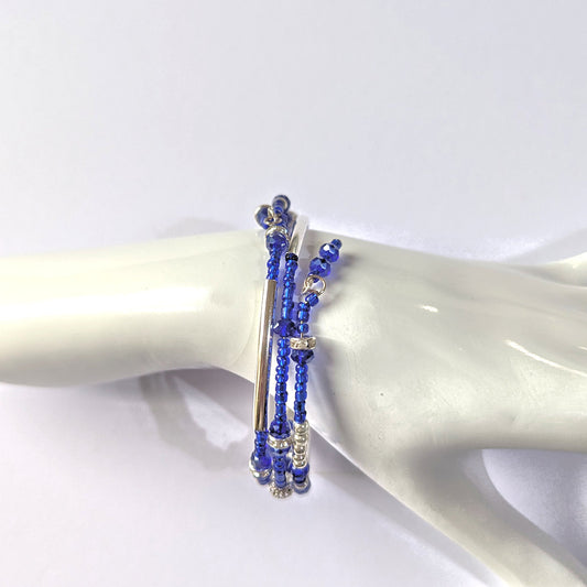 Blue Bead Bracelet with Silver accents, triple coil layers, memory wire