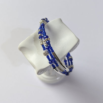 Blue Bead Bracelet with Silver accents, triple coil layers, memory wire