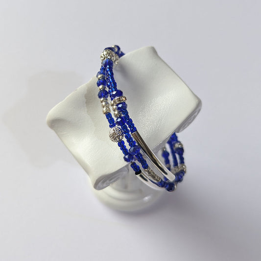 Blue Bead Bracelet with Silver accents, triple coil layers, memory wire
