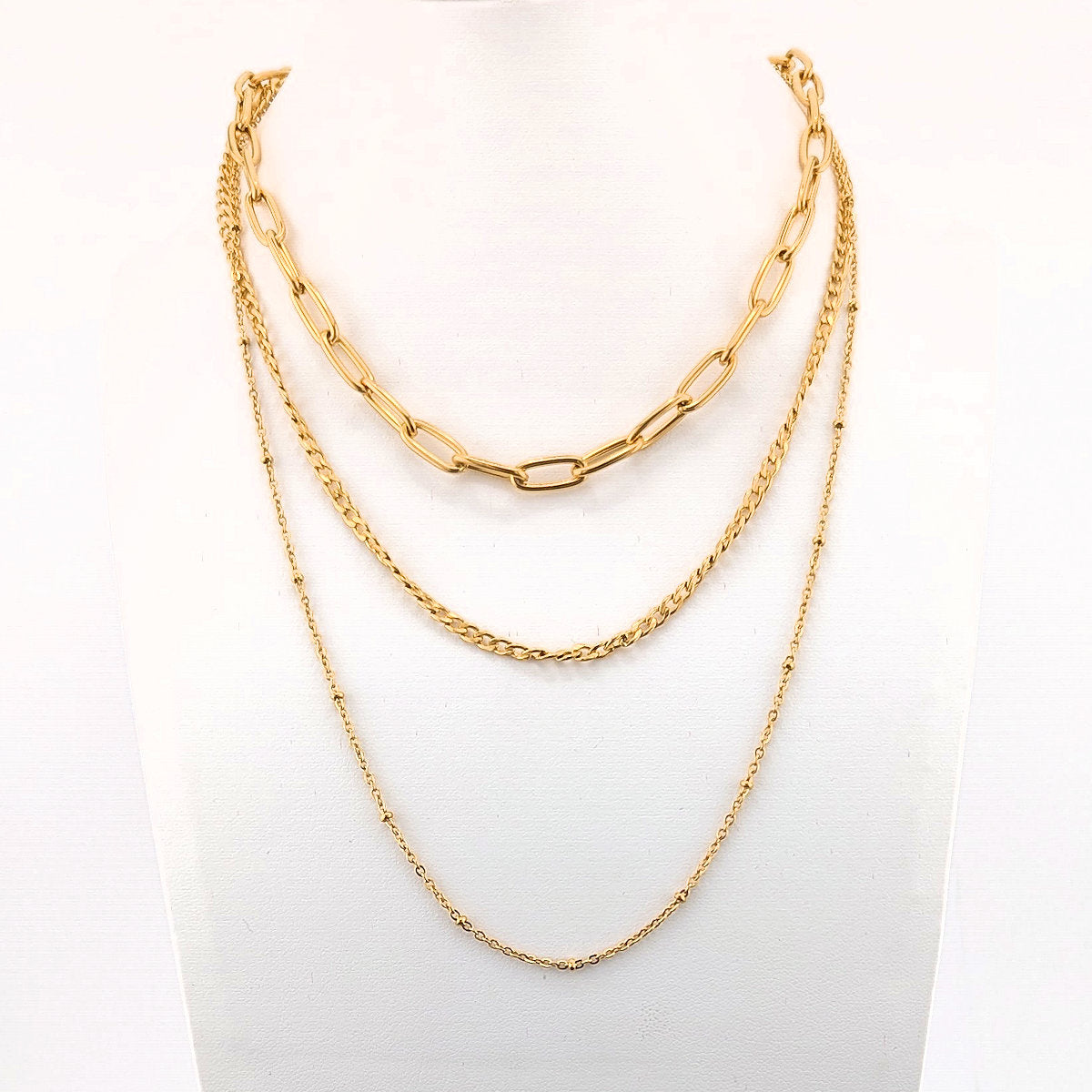 Multi Layered Necklace triple chain 18K Gold Plated Stainless Steel