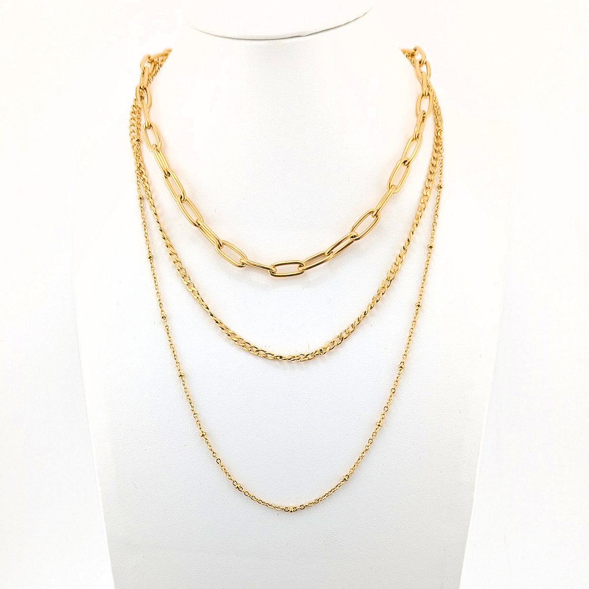 Multi Layered Necklace triple chain 18K Gold Plated Stainless Steel