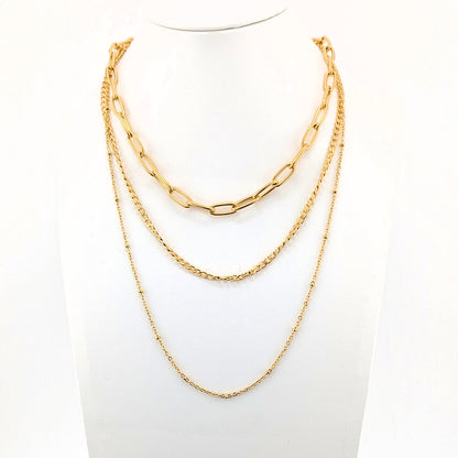 Multi Layered Necklace triple chain 18K Gold Plated Stainless Steel