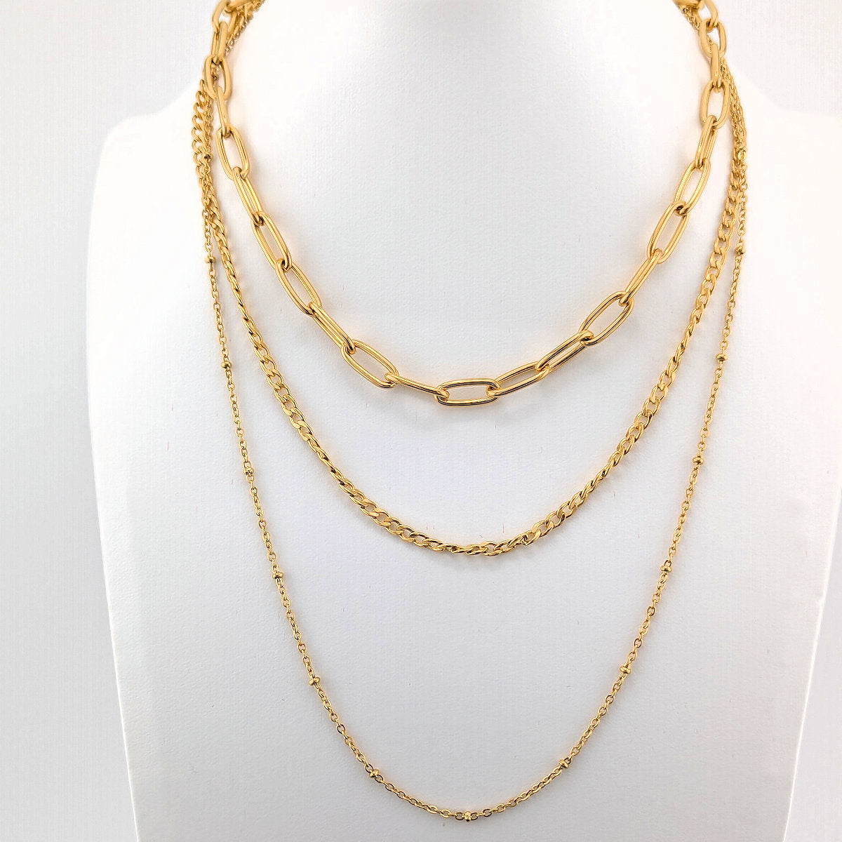 Multi Layered Necklace triple chain 18K Gold Plated Stainless Steel