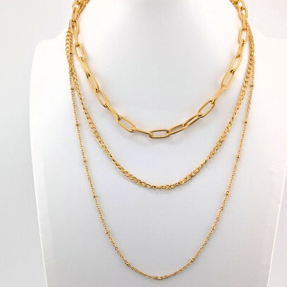 Multi Layered Necklace triple chain 18K Gold Plated Stainless Steel