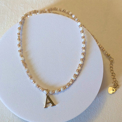 Gold Plated Initial Alphabet Letter and Natural Shell bead Necklace, personalised, gift for her