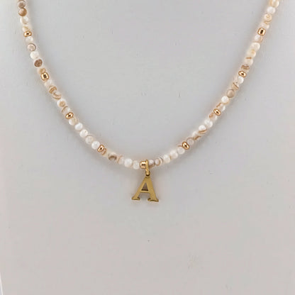 Gold Plated Initial Alphabet Letter and Natural Shell bead Necklace, personalised, gift for her