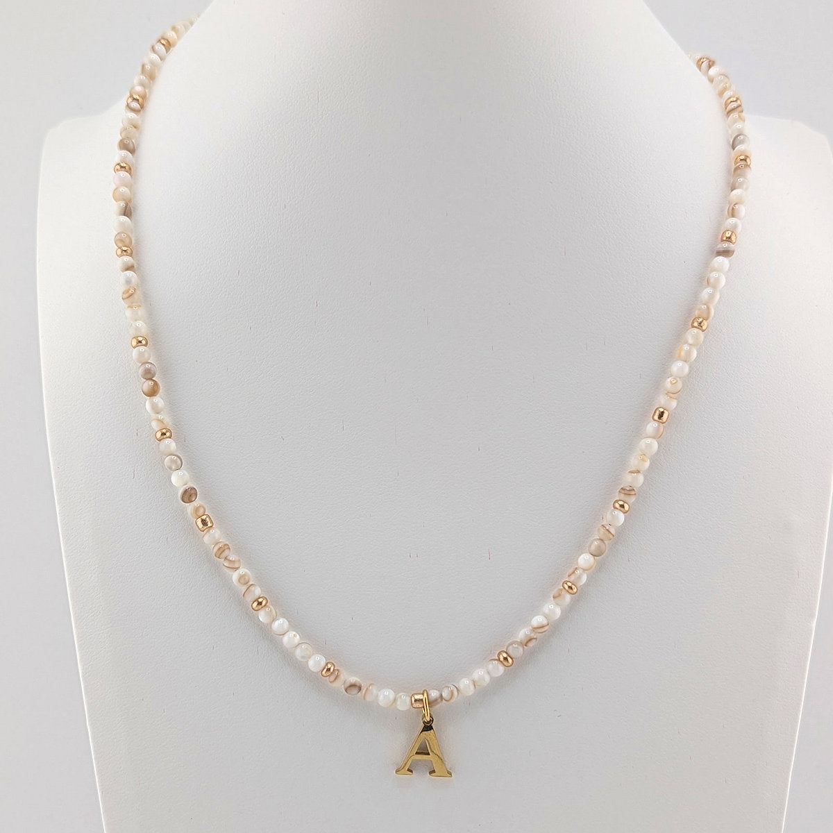 Gold Plated Initial Alphabet Letter and Natural Shell bead Necklace, personalised, gift for her