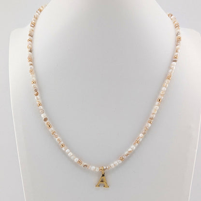 Gold Plated Initial Alphabet Letter and Natural Shell bead Necklace, personalised, gift for her