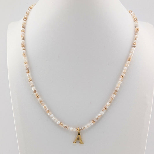Gold Plated Initial Alphabet Letter and Natural Shell bead Necklace, personalised, gift for her