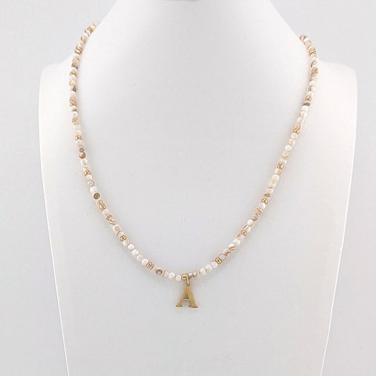 Gold Plated Initial Alphabet Letter and Natural Shell bead Necklace, personalised, gift for her