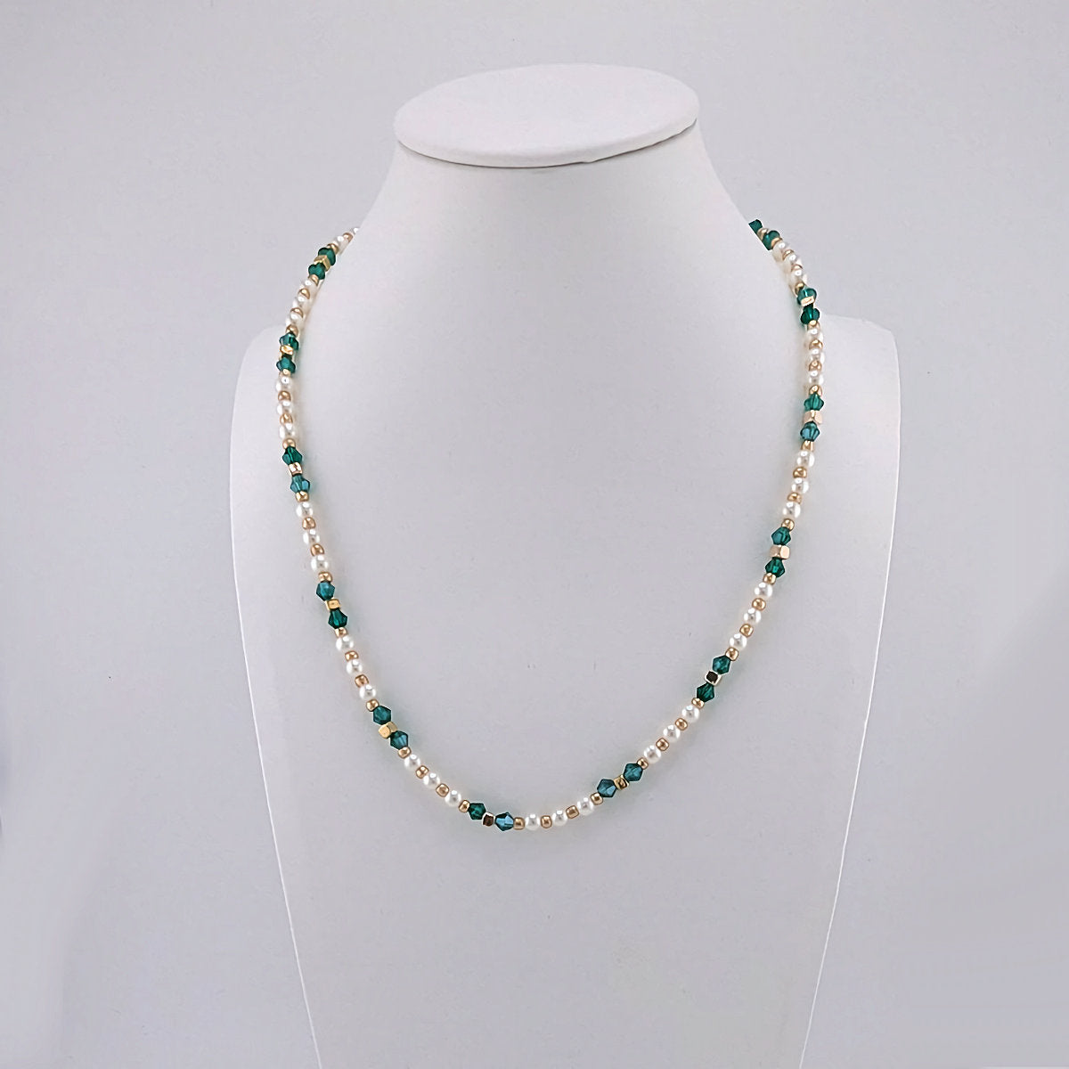 Teal emerald green, white pearls and gold beaded Necklace