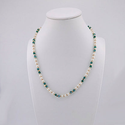 Teal emerald green, white pearls and gold beaded Necklace