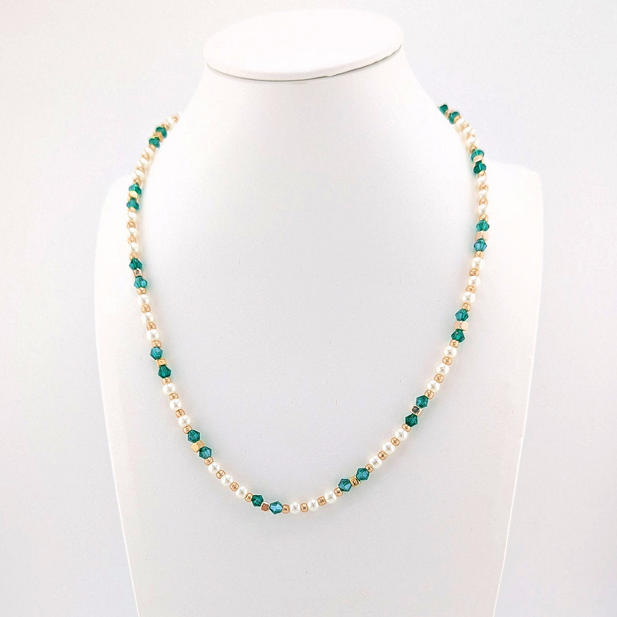 Teal emerald green, white pearls and gold beaded Necklace