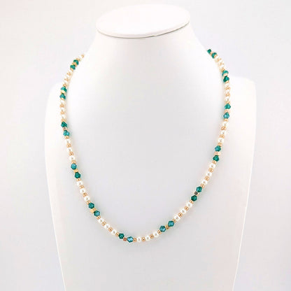 Teal emerald green, white pearls and gold beaded Necklace