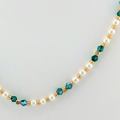 Teal emerald green, white pearls and gold beaded Necklace