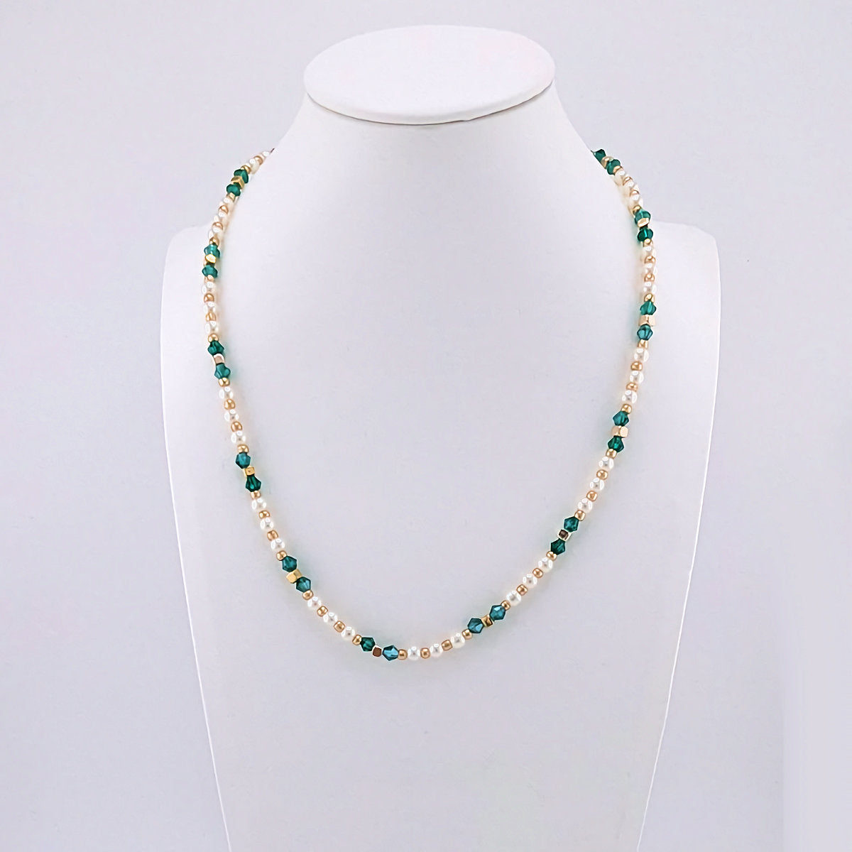 Teal emerald green, white pearls and gold beaded Necklace