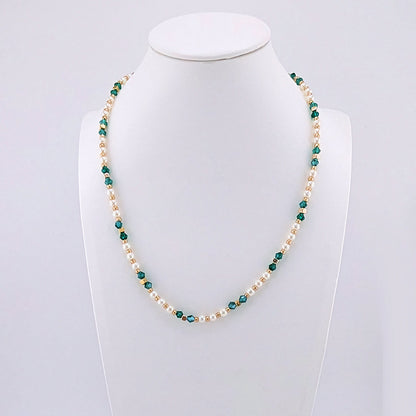 Teal emerald green, white pearls and gold beaded Necklace
