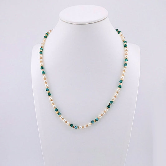 Teal emerald green, white pearls and gold beaded Necklace