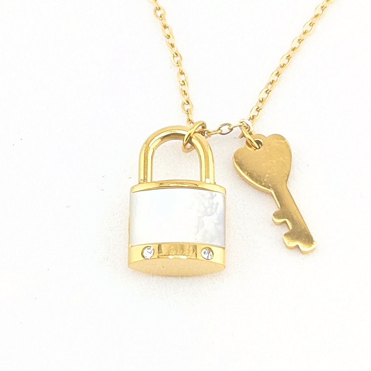 Padlock and Key Natural shell pendant Necklace, 18K Gold plated Stainless Steel