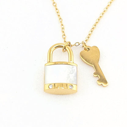 Padlock and Key Natural shell pendant Necklace, 18K Gold plated Stainless Steel