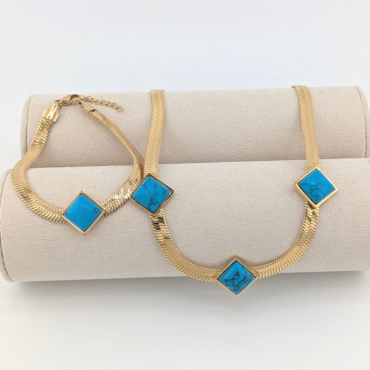 Ninky Designs Turquoise Gemstones on a 18K Gold Plated Snake Chain Necklace and Bracelet set