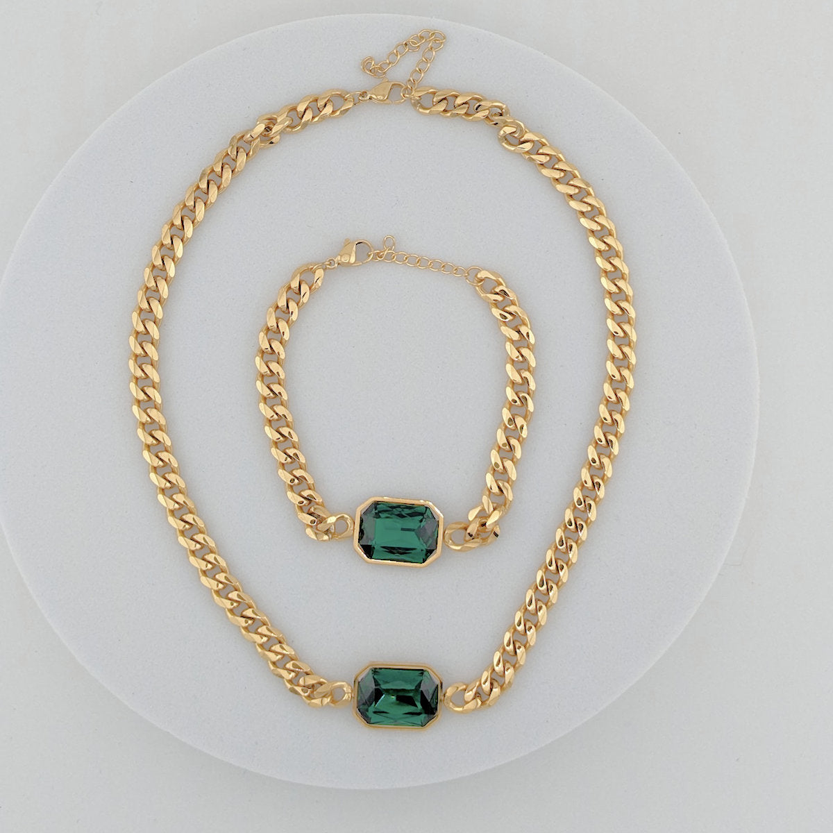 Ninky Designs Emerald-Cut Crystal Pendant Necklace and Bracelet Set 18K Gold Plated Stainless Steel