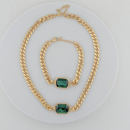 Ninky Designs Emerald-Cut Crystal Pendant Necklace and Bracelet Set 18K Gold Plated Stainless Steel