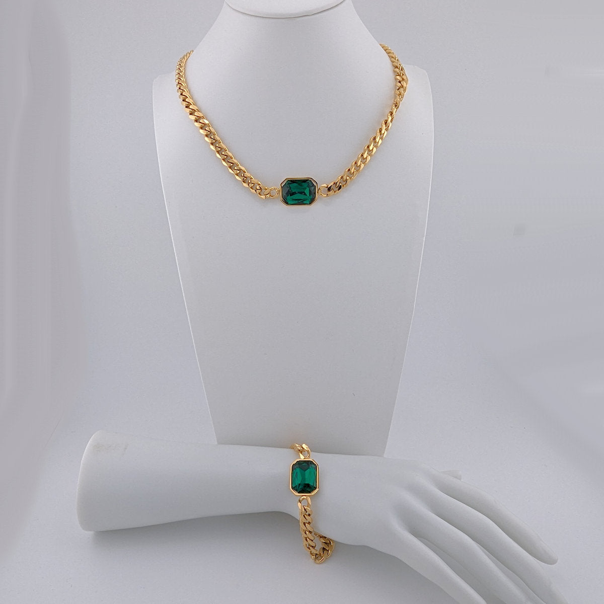 Ninky Designs Emerald-Cut Crystal Pendant Necklace and Bracelet Set 18K Gold Plated Stainless Steel