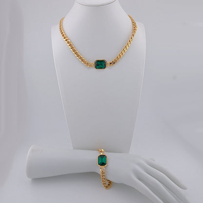 Ninky Designs Emerald-Cut Crystal Pendant Necklace and Bracelet Set 18K Gold Plated Stainless Steel