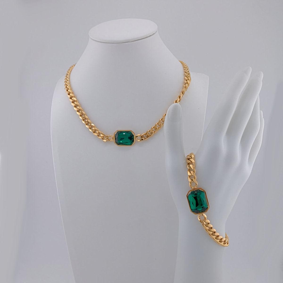Ninky Designs Emerald-Cut Crystal Pendant Necklace and Bracelet Set 18K Gold Plated Stainless Steel