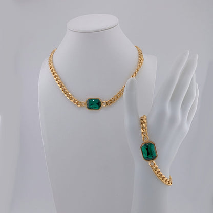 Ninky Designs Emerald-Cut Crystal Pendant Necklace and Bracelet Set 18K Gold Plated Stainless Steel