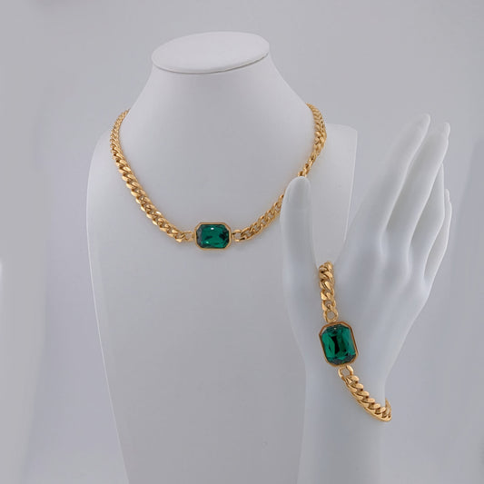 Ninky Designs Emerald-Cut Crystal Pendant Necklace and Bracelet Set 18K Gold Plated Stainless Steel