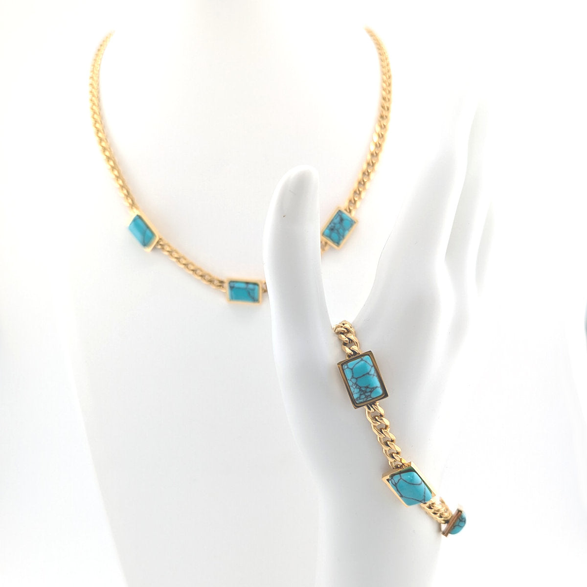 Ninky Designs Turquoise Bezel Necklace and Bracelet SET 18K Gold plated Stainless Steel