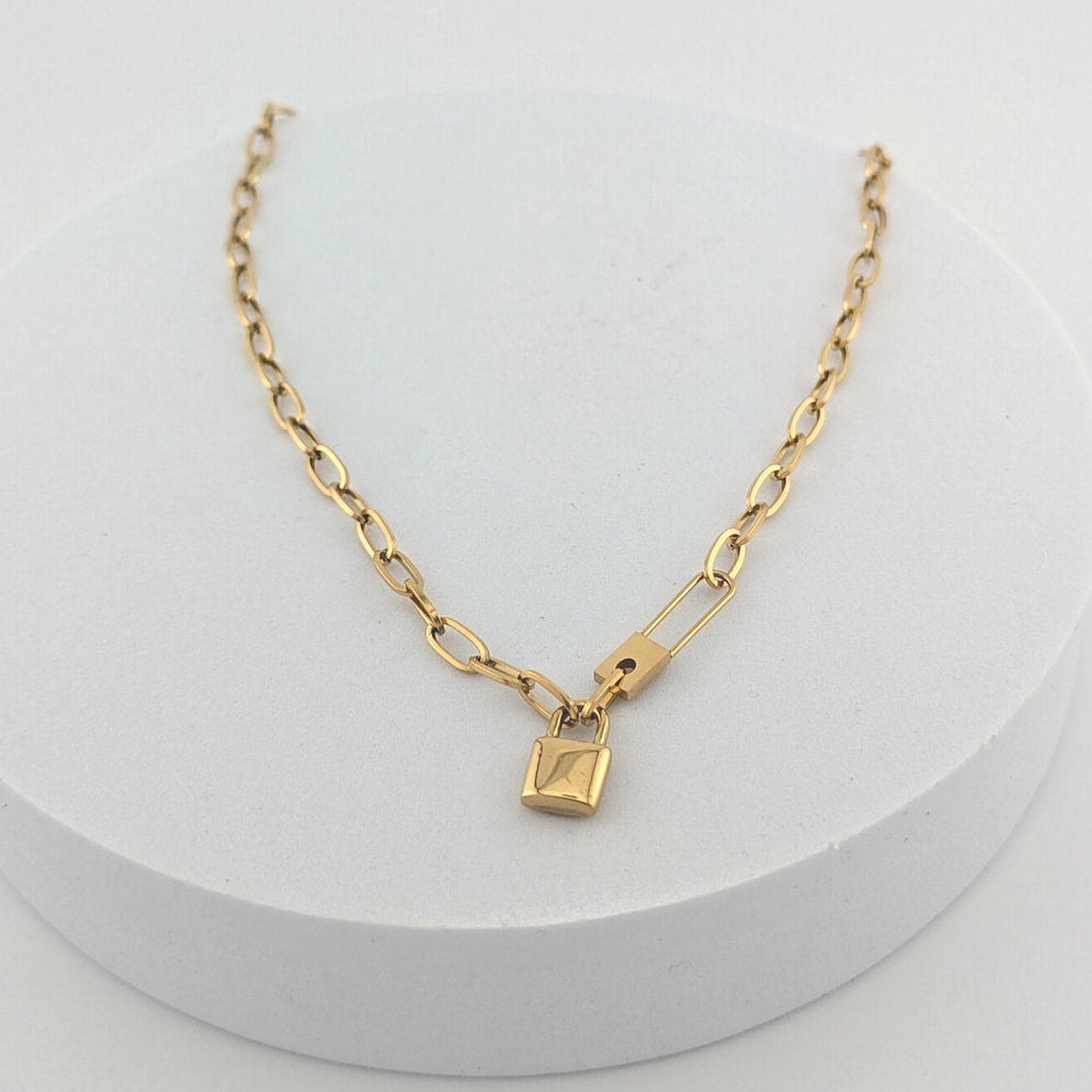 Double Padlock Pendant Paperclip Chain Necklace  18K Gold Plated Stainless Steel