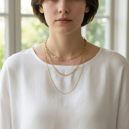 Multi Layered Necklace triple chain 18K Gold Plated Stainless Steel