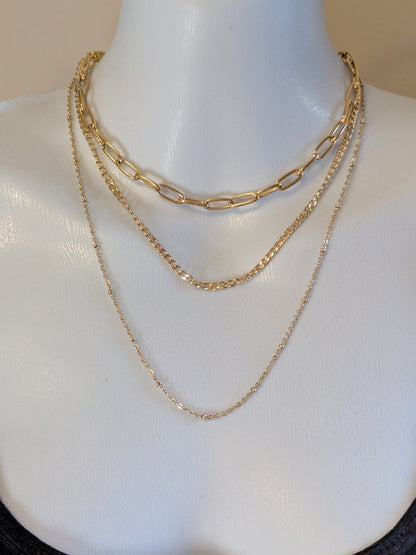 Multi Layered Necklace triple chain 18K Gold Plated Stainless Steel