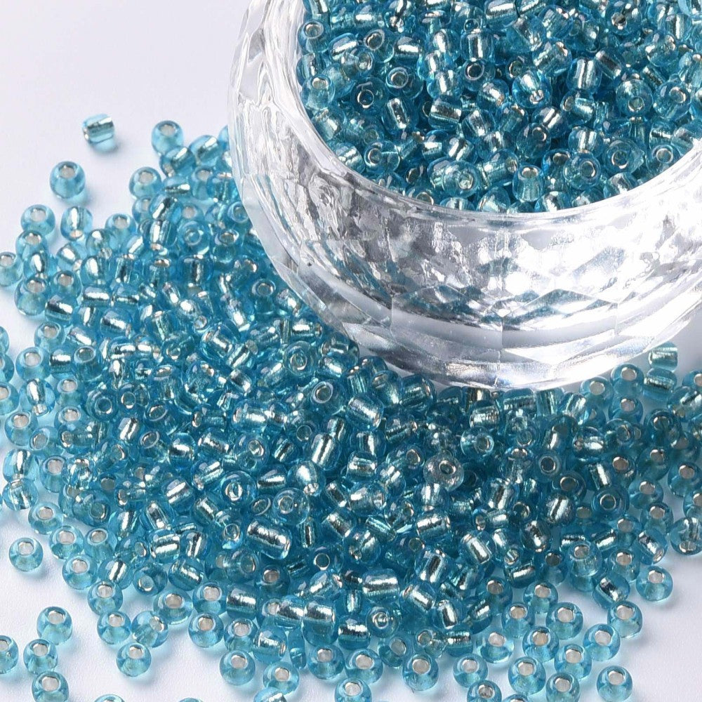 Pale Turquoise Glass Seed Beads, Round, Silver Lined, 12/0 2mm, 1mm hole, 30gm approx 2000 beads