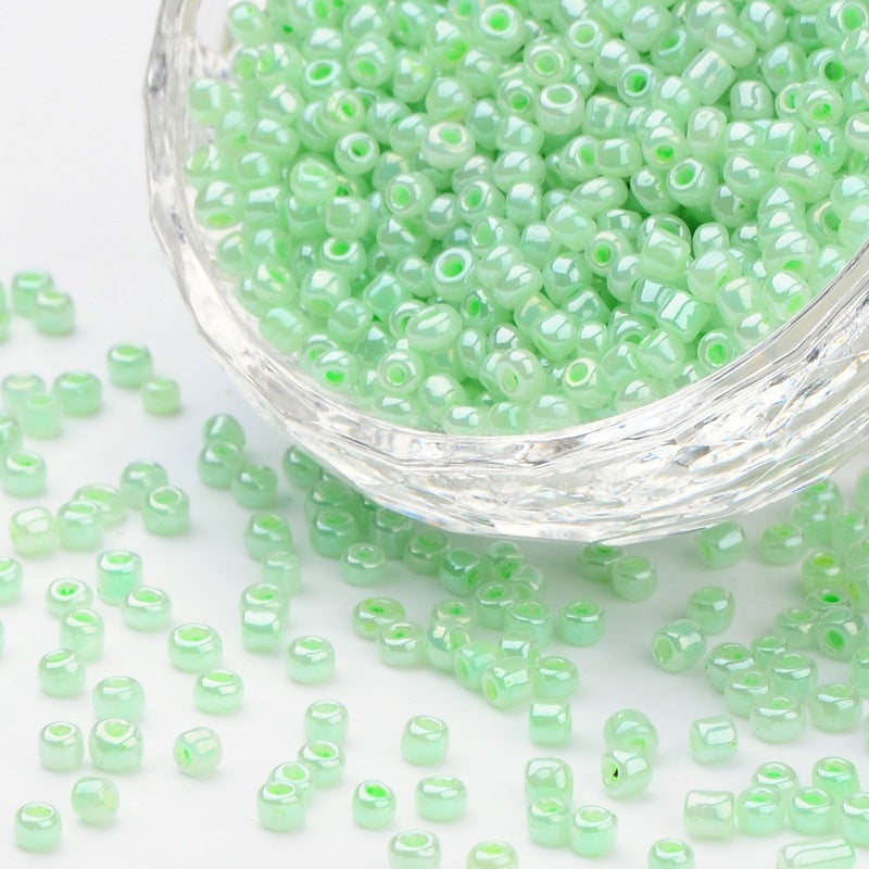 Light Green Glass Seed Beads 3mm, Ceylon, hole 1mm, 40gm approx 1000 beads, pearl lustre finish
