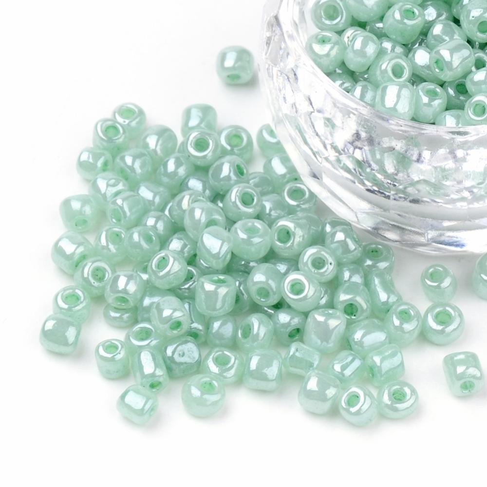Aqua Green Glass Seed Beads 3mm, Ceylon, hole 1mm, 40gm approx 1000 beads, pearl lustre finish