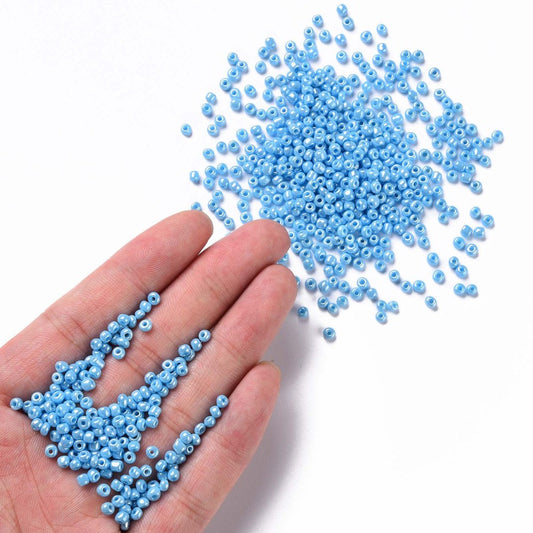 Blue Glass Seed Beads 3mm, Opaque Lustre, hole 1mm 40gm, approx 1000 beads, Light Cyan