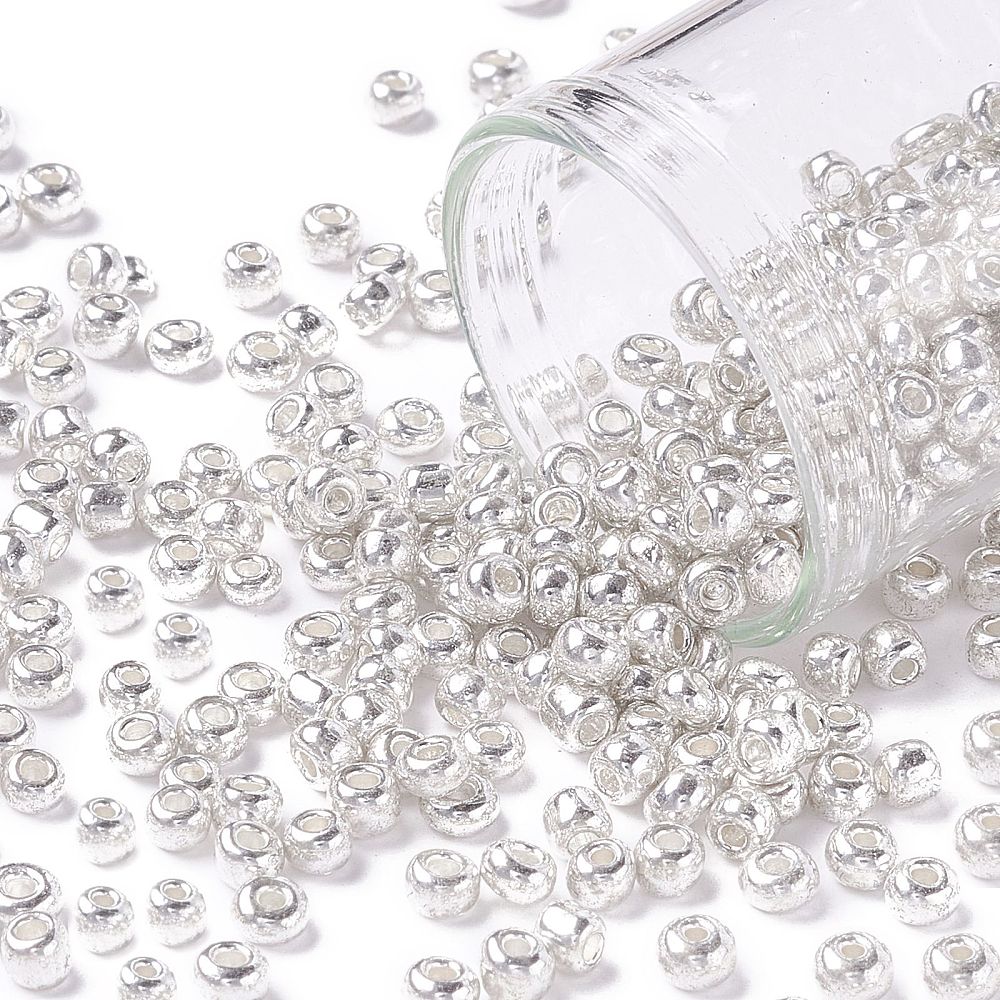 Silver Metallic Glass Seed Beads  8/0, 3mm, Hole:1mm Pack of 650x