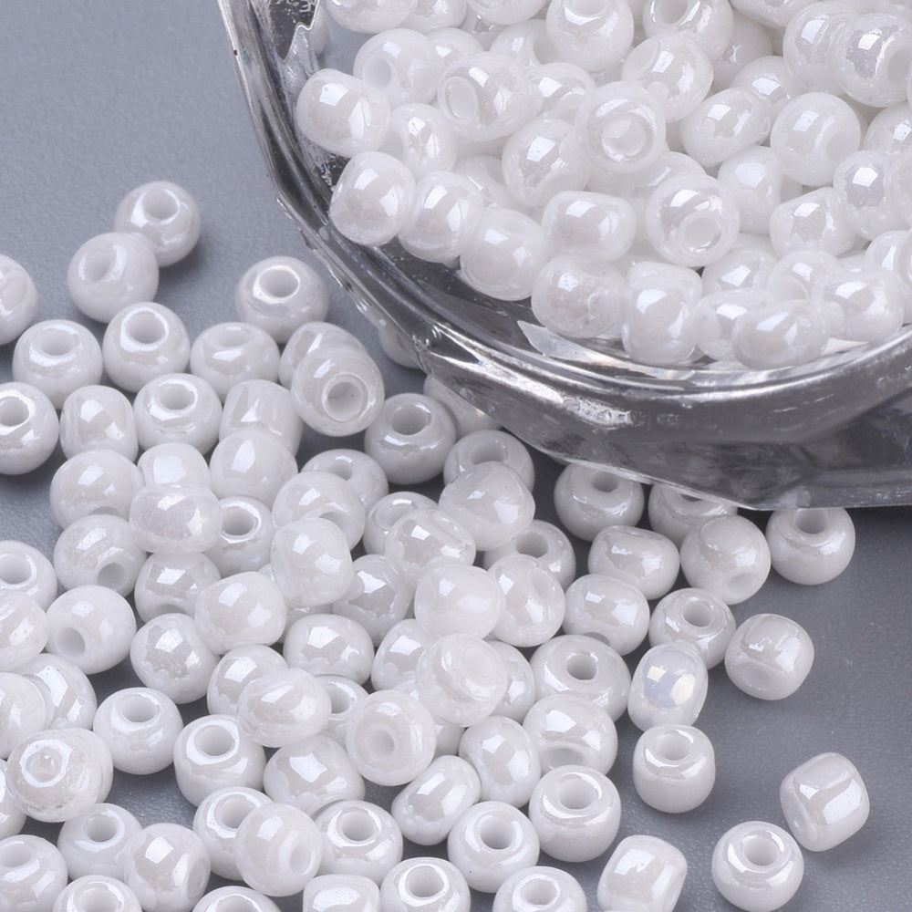White Glass Seed Beads 3mm, hole 1mm, 30gm approx 650 beads, pearl lustre finish