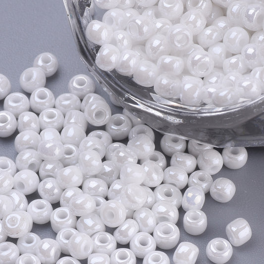 White Glass Seed Beads 3mm, hole 1mm, 30gm approx 650 beads, pearl lustre finish