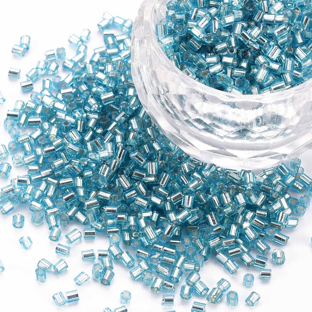 Sky Blue Glass Bugle Beads, Transparent, Silver Lined, 1.8~2.2x1.8~2mm, Hole: 0.8~0.9mm, 30gm